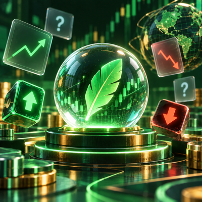 Abstract green financial technology scene with a crystal orb and directional indicators
